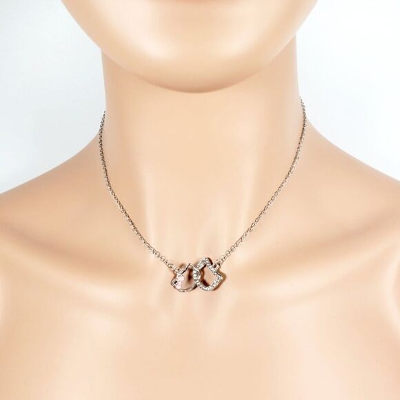 Brand New Double Hello Kitty Silver Rhinestone Necklace With Pink Ribbon - Picture 2 of 7